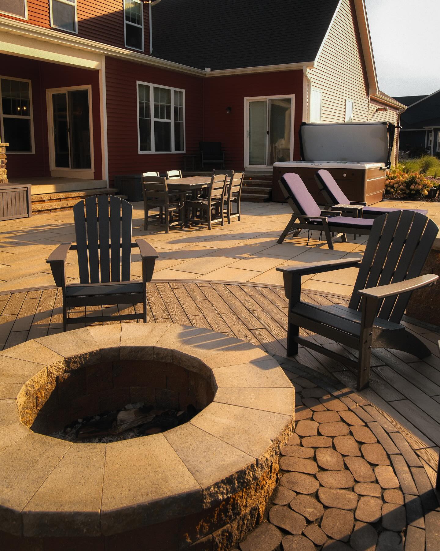 Fire pit patio at golden hour